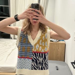 Creative patchwork sweater vest v-neck